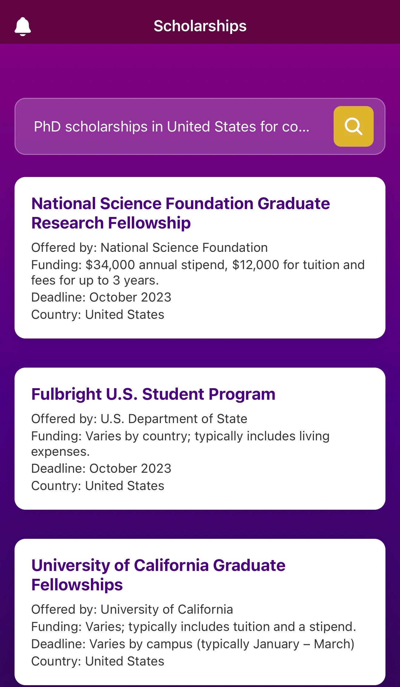 Scholarships screen