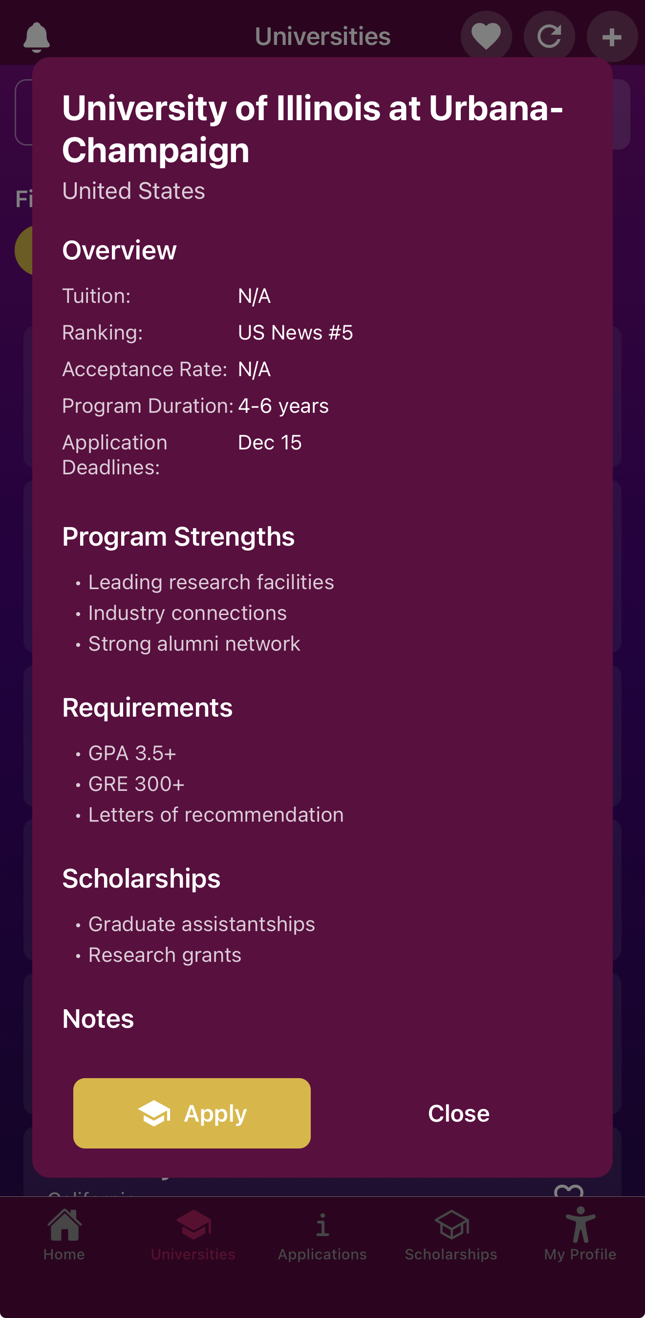 University details with requirements and deadlines